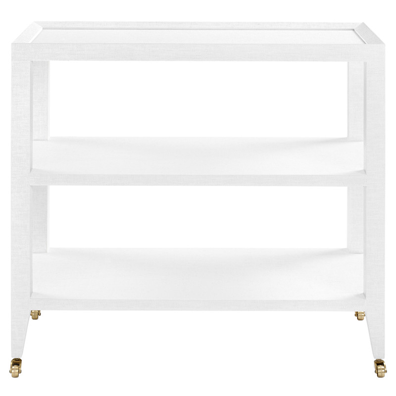 Isadora Chiffon White Grasscloth Brass Casters 3 Tier Console Table