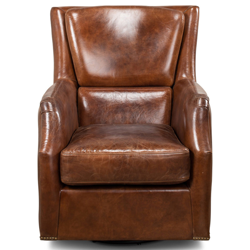 Emersyn Rustic Lodge Brown Upholstered Leather Nailhead Trim Swivel Arm Chair