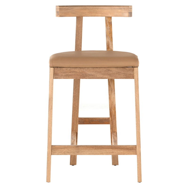 Madina Mid Century Modern Brown Upholstered Leather Natural Wood Counter Stool