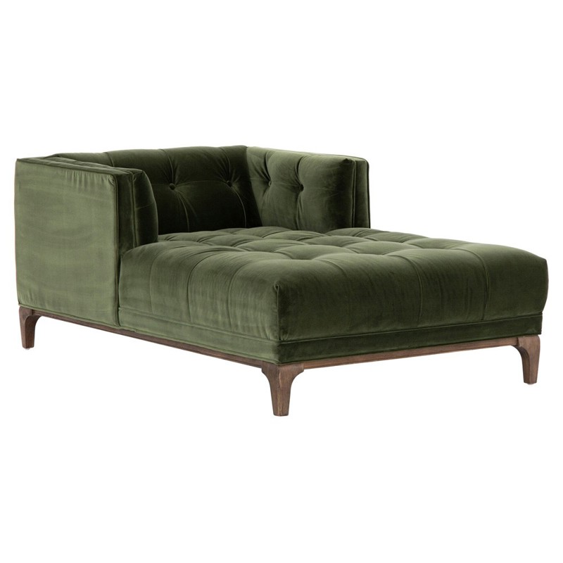 Allen Mid Century Green Velvet Brown Wood Frame Button Tufted Chaise Lounge
