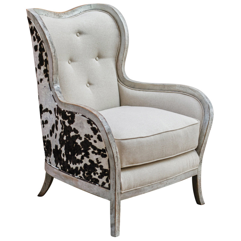 Kendra Rustic Lodge Faux Cow Hide Velvet Linen Wing Chair