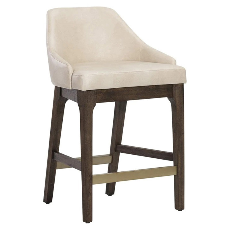 Horton Mid Century Bravo Cream Faux Leather Brown Wood Steel Counter Stool