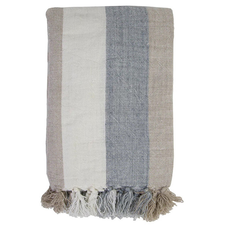 Pom Pom Monterey Coastal Beach Blue Striped Linen Oversized Throw by Pom Pom at Home