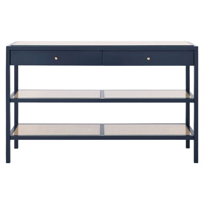Caanan Glass Top Woven Cane Midnight Blue Wood Console Table