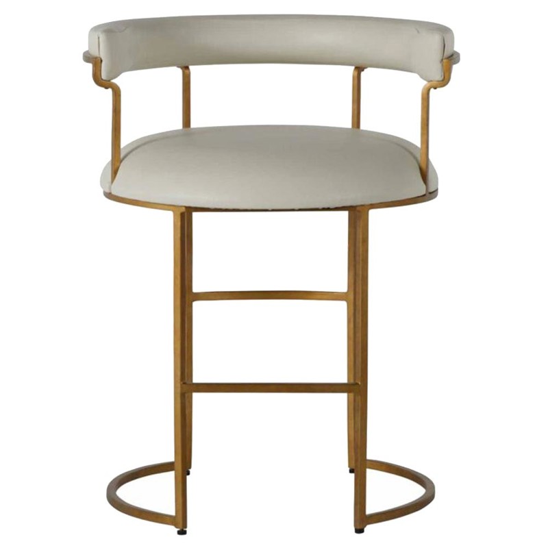 Mack Mid Century White Upholstered Leather Curved Back Brass Iron Counter Stool