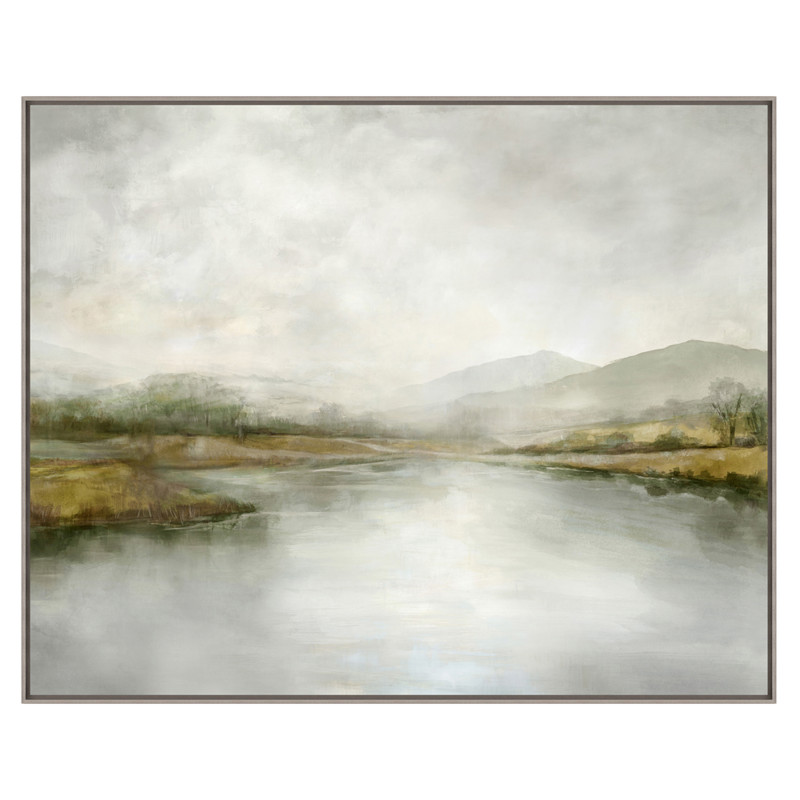 Dawn French Country White Lake Green Landscape Grey Frame Painting - 40x53