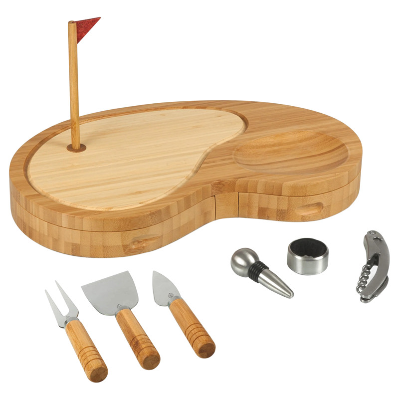 Kairos Modern Classic Brown Bamboo Golf Cheese Cutting Board and Tools Set