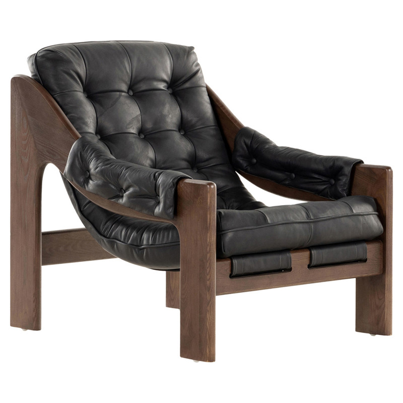 Hadley Rustic Black Upholstered Leather Brown Wood Tufted Occasional Arm Chair