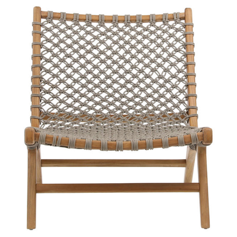 Ashleigh Coastal Beach Taupe Woven Rope Natural Teak Outdoor Lounge Chair