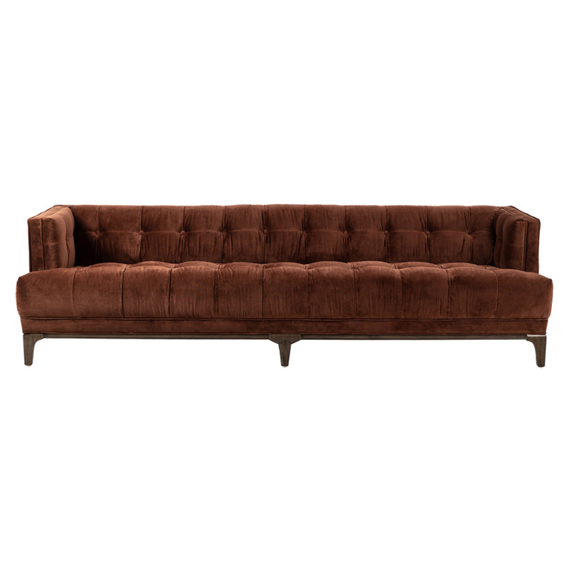 Allen Mid Century Orange Velvet Brown Wood Frame Tufted Sofa - 91.25"W