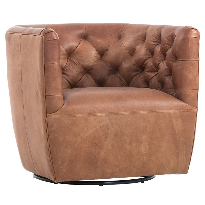 Harper Rustic Lodge Brown Leather Tufted Swivel Barrel Chair