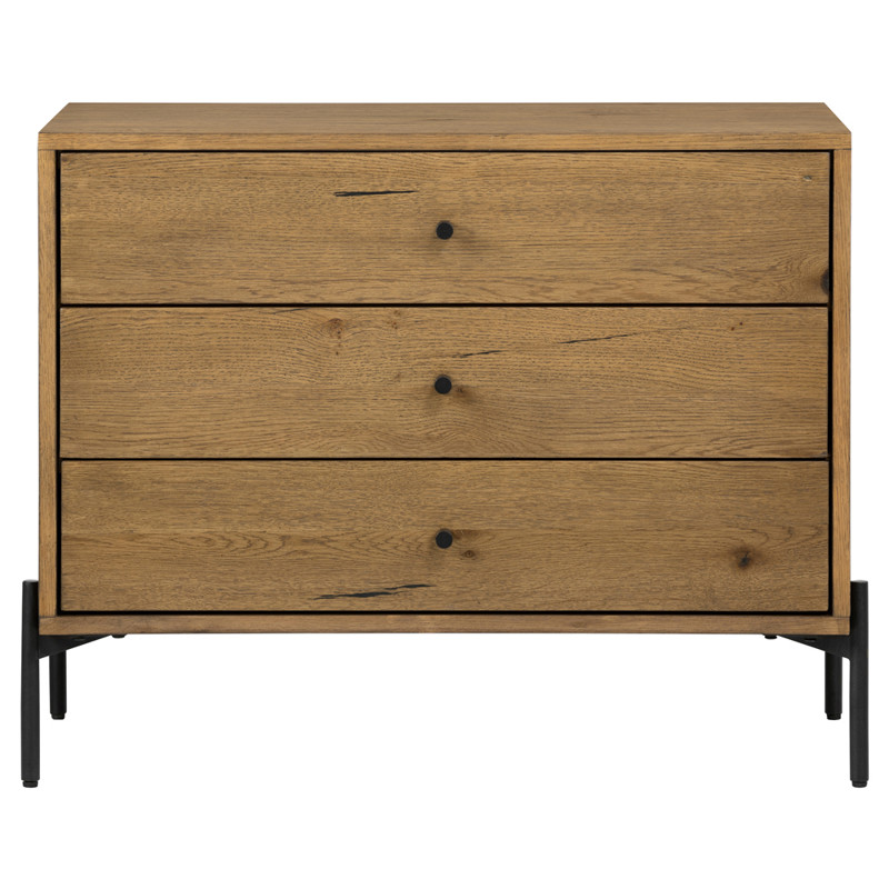 Alina Rustic Lodge Brown Wood Dark Grey Iron 3 Drawer Wide Nightstand