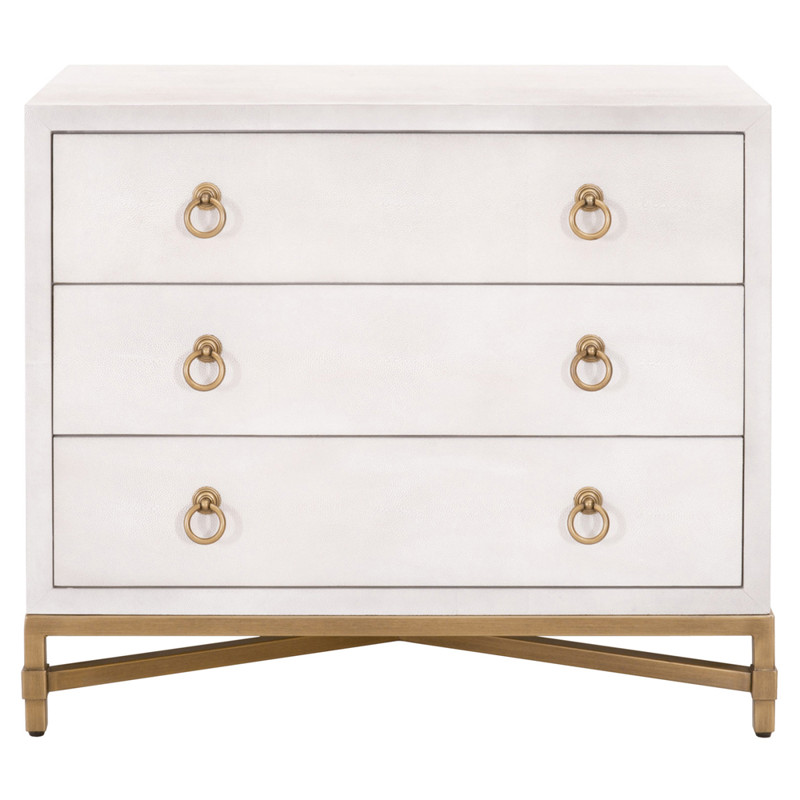Simon Modern Pearl White Faux Shagreen Brushed Gold Metal 3 Drawer Nightstand