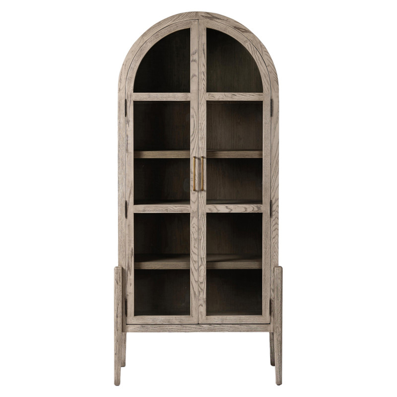 Ivan Mid Century White Solid Oak Wood 2 Glass Door Arched Display Case