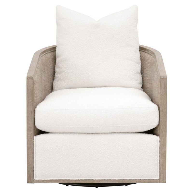 Mason Coastal White Performance Boucle Grey Oak Woven Rattan Swivel Club Chair