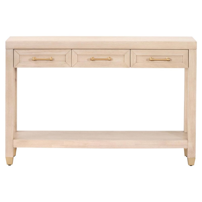 Stacy Modern Light Brown Oak Brass Steel 3 Drawer Rectangular Console Table