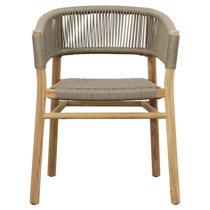 Tina Coastal Beach Taupe Woven Rope Natural Teak Frame Outdoor Dining Arm Chair