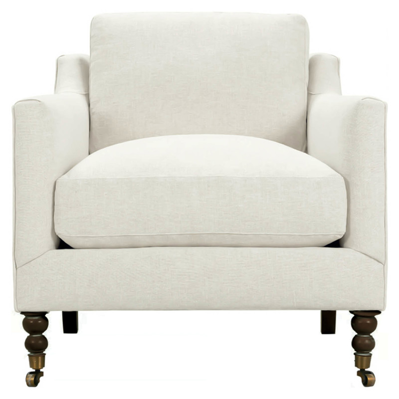 Madeline French Cream Performance Chocolate Wood Brass Caster Arm Chair