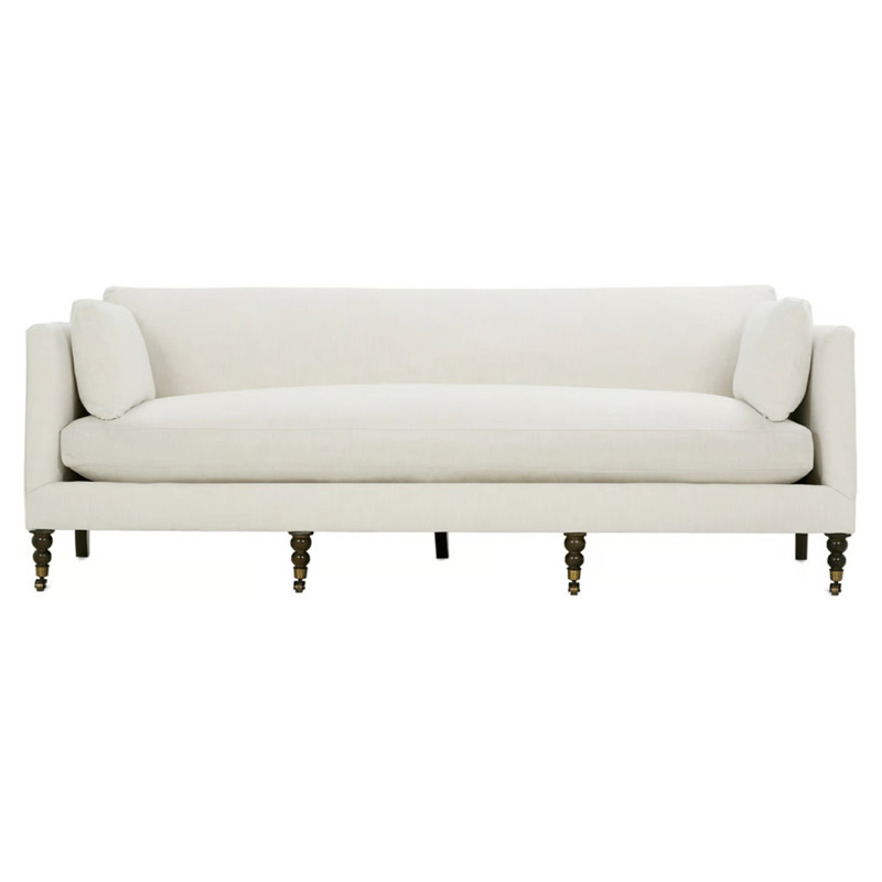 Madeline French Cream Performance Brown Wood Brass Casters Sofa - 90"W