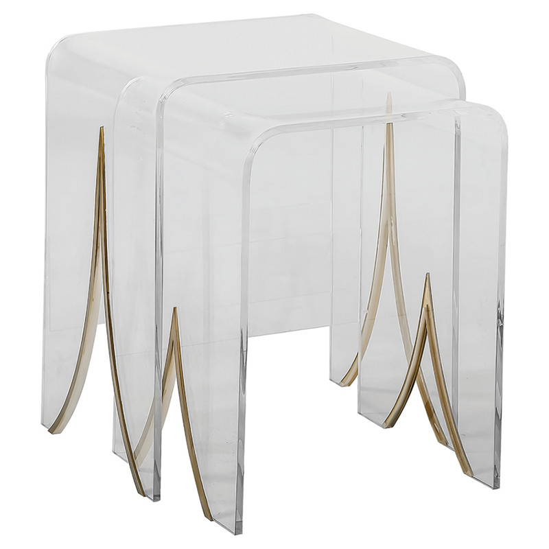 Magnolia Modern Lucite Waterfall Brass Nesting Table - Pair