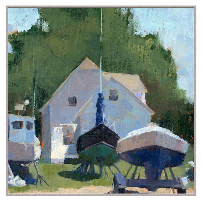Nova Coastal Beach Summer Boats Green Seascape Grey Frame Painting - 47x47