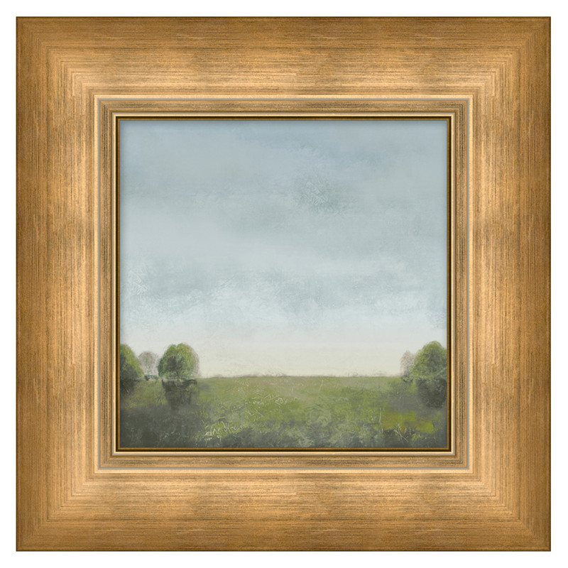 Breezy French Country Blue Sky Green Landscape Brown Frame Painting - 16x16