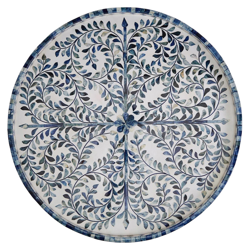 Adeline French Country Blue Floral Bone White Resin Round Decorative Tray