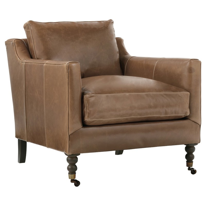 Madeline French Country Cocoa Brown Upholstered Leather Casters Arm Chair