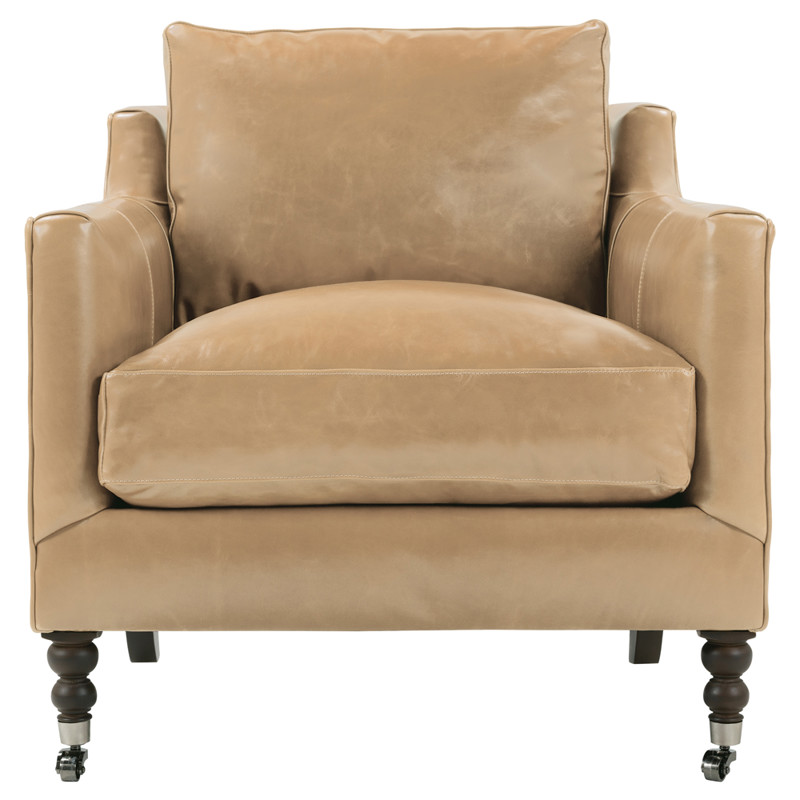 Madeline French Country Butterscoth Brown Upholstered Leather Casters Arm Chair
