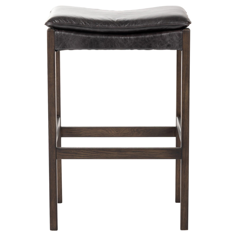 Elena Rustic Lodge Black Upholstered Leather Dark Brown Oak Wood Bar Stool