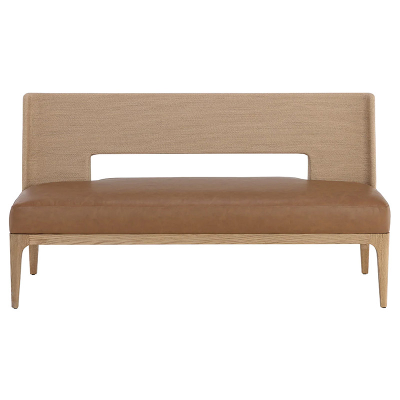 Luther Cognac Faux Leather Woven Rope Back Natural Oak Bench