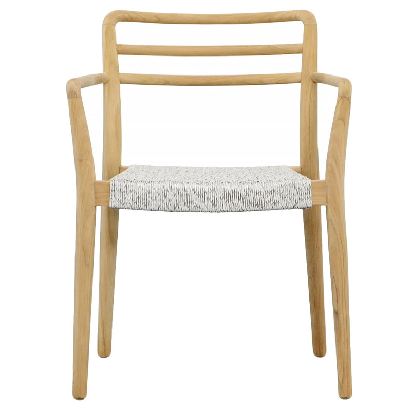 Penelope Coastal Beach Grey Woven Rope Natural Teak Outdoor Dining Arm Chair