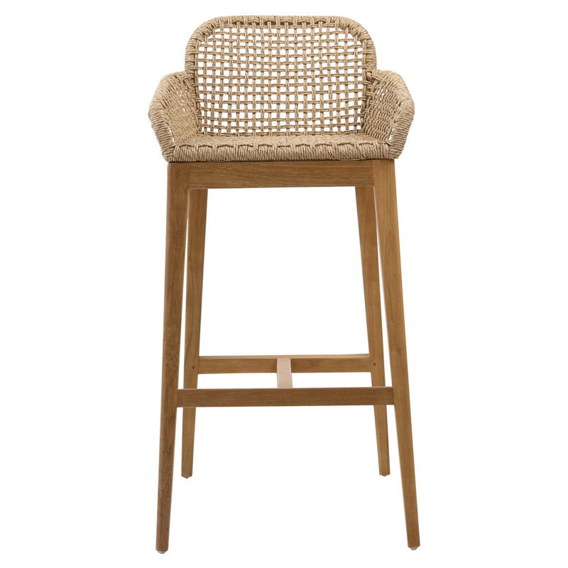 Dominic Coastal Natural Woven Wicker Teak Wood Outdoor Bar Stool