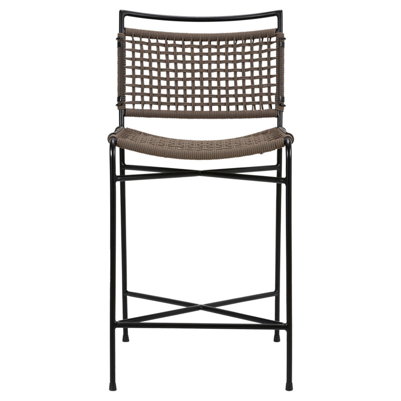 Burton Coastal Beach Brown Woven Rope Black Iron Outdoor Counter Stool