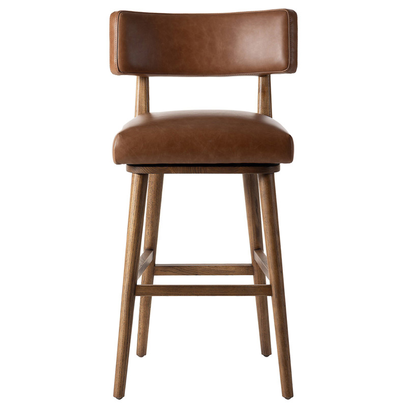 Cerise Modern Classic Chestnut Brown Leather Wood Swivel Bar Stool
