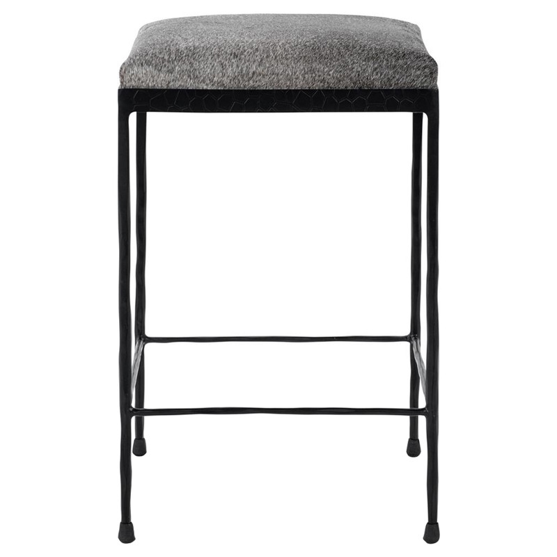 Geraldine Industrial Loft Grey Hair On Hide Iron Spindle Backless Counter Stool