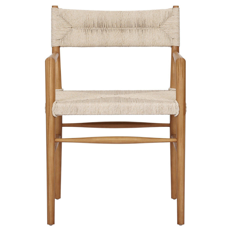 Mable Coastal Beach Off White Wicker Natural Teak Outdoor Dining Arm Chair