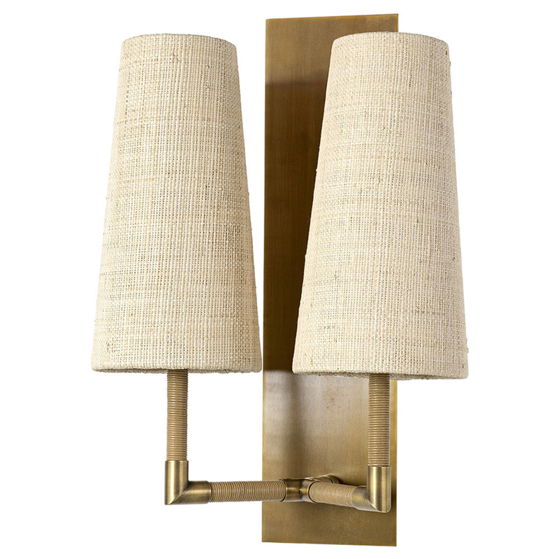 Palecek Irving Coastal Beach Natural Raffia Antique Brass Double Sconce