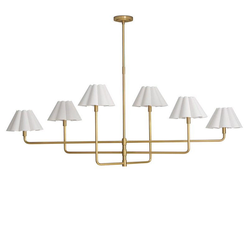 Polly French White Scalloped Linen Shade Natural Brass Chandelier