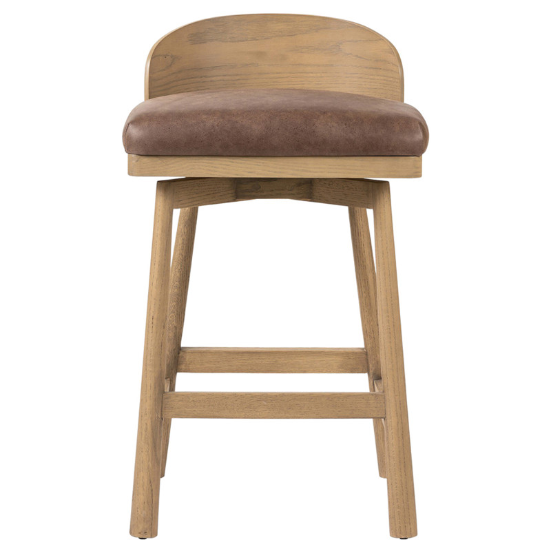 Caius Modern Classic Brown Leather Oak Wood Swivel Counter Stool