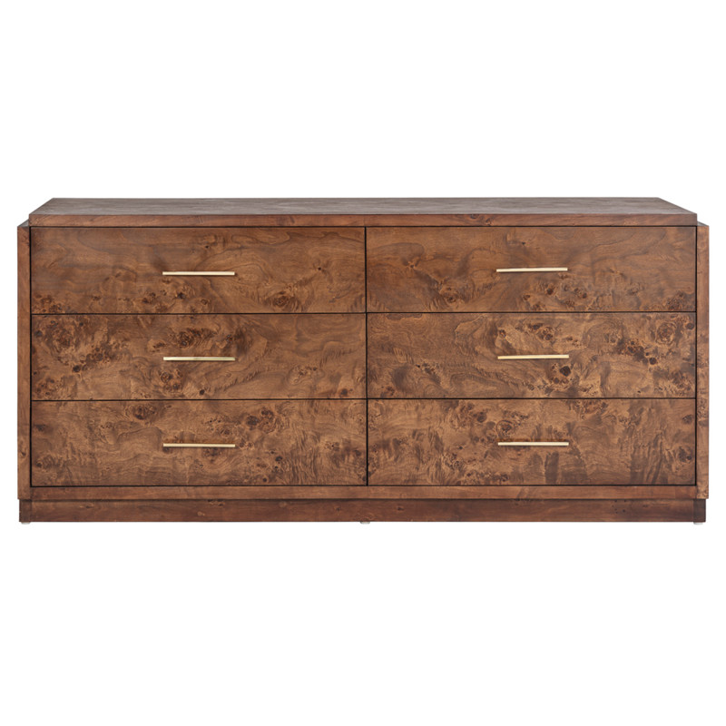 burlwood dresser Brandyss 62" Burl 7-Drawer Dresser, Honey brass handles. Mid-Century Modern Burlwood Dresser with