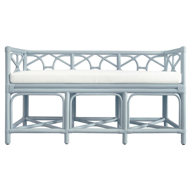 Worlds Away Ferguson Coastal Beach White Performance Light Blue Rattan Entryway Bench
