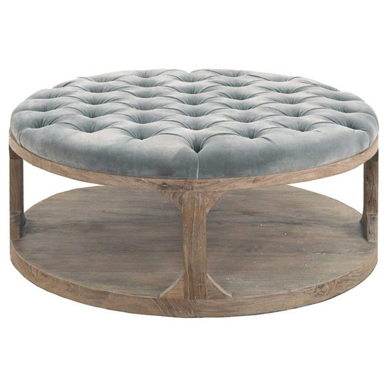 Marie French Country Round Grey Blue Velvet Tufted Wood Round Cocktail Ottoman