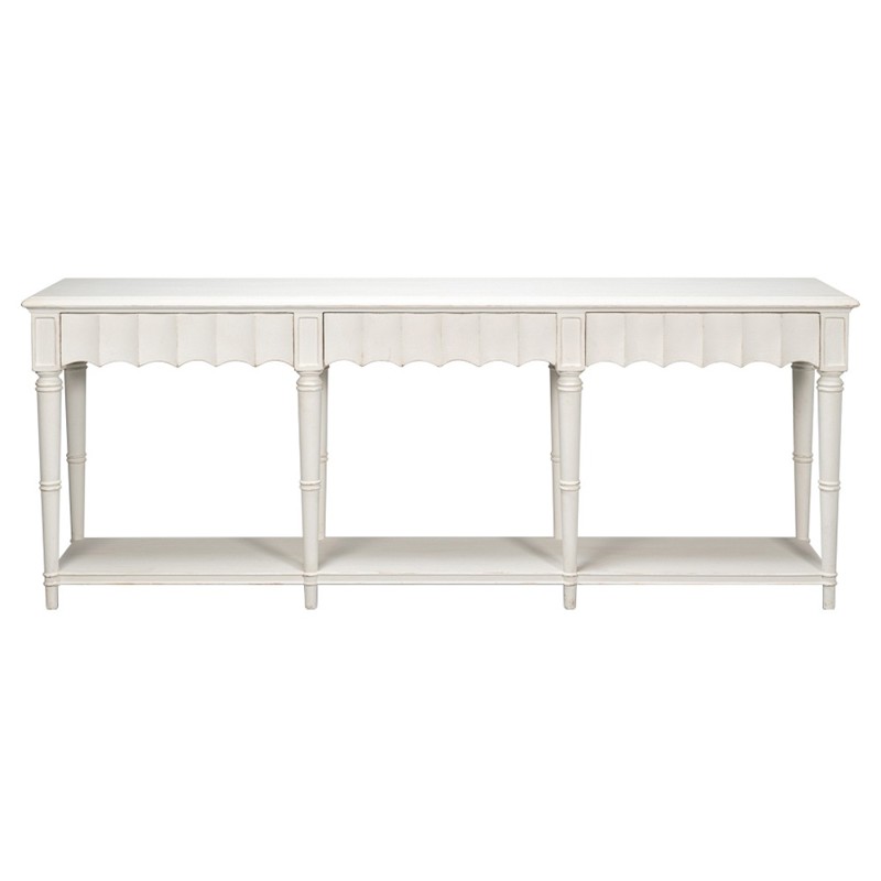 Clarise French Country White Pine Wood Rectangular Scalloped Console Table