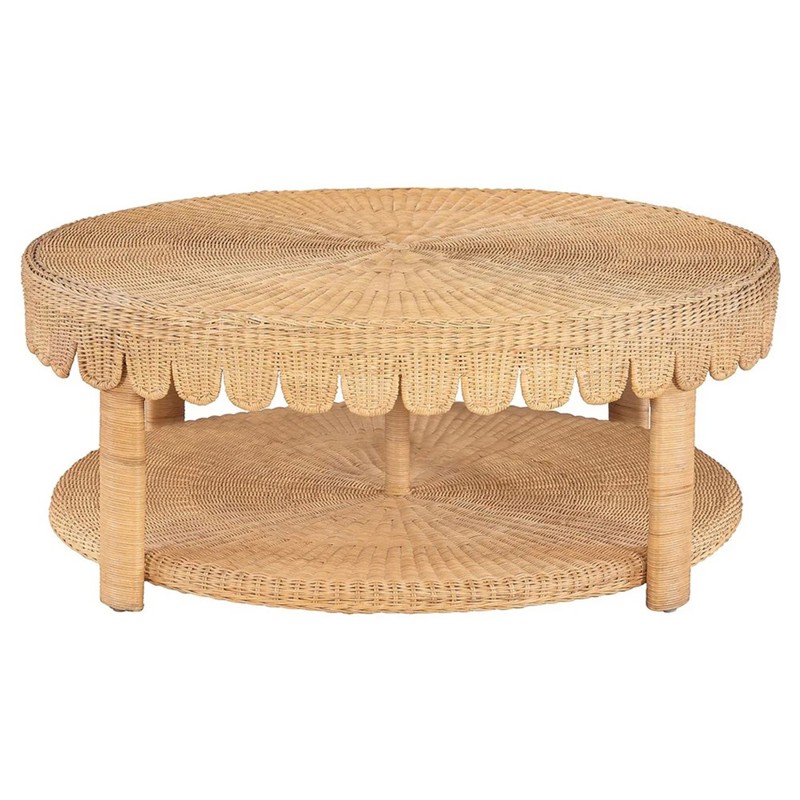 Anissa Coastal Beach Natural Woven Rattan Round Scalloped Coffee Table