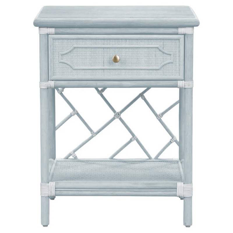 Ava Coastal Beach Light Blue Woven Rattan Nightstand
