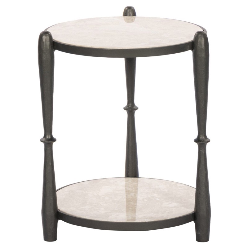 Marriot Updated Traditional Beige Marble Black Iron Round End Table