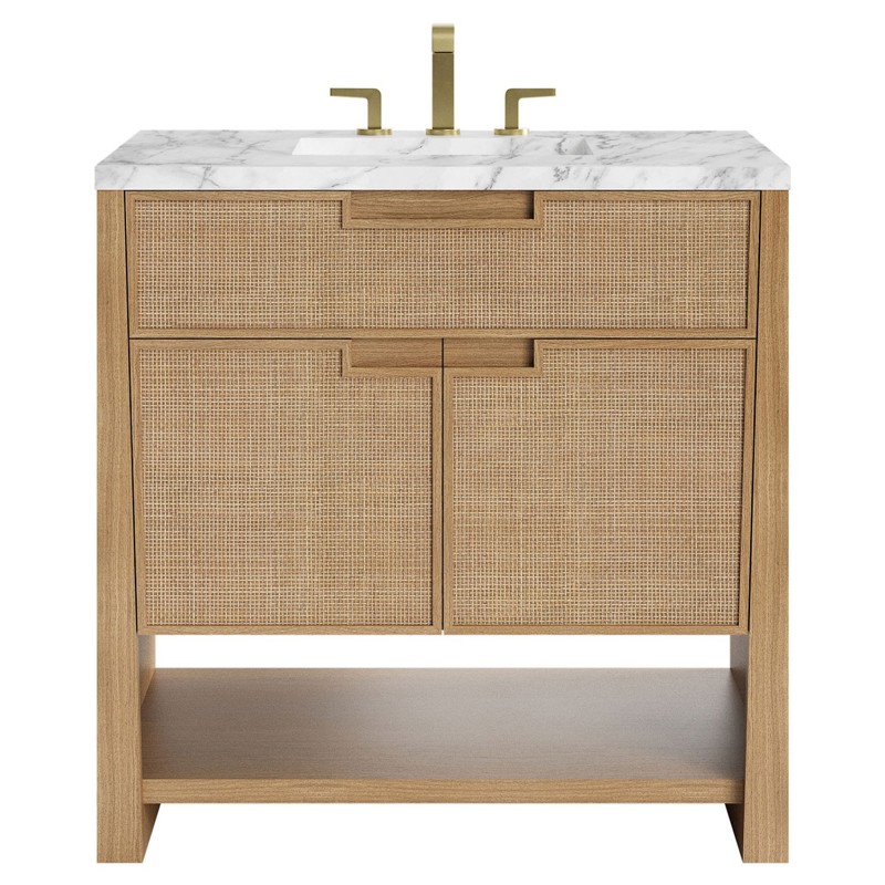 Corine Coastal Beach White Carrara Marble Oak Woven Cane Vanity Sink - 36"