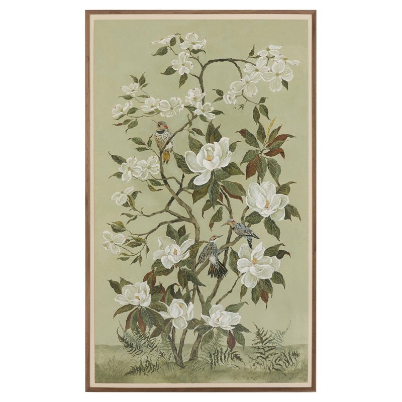 Lumi French Country Green Floral Chinoiserie Walnut Frame Painting - 40x25