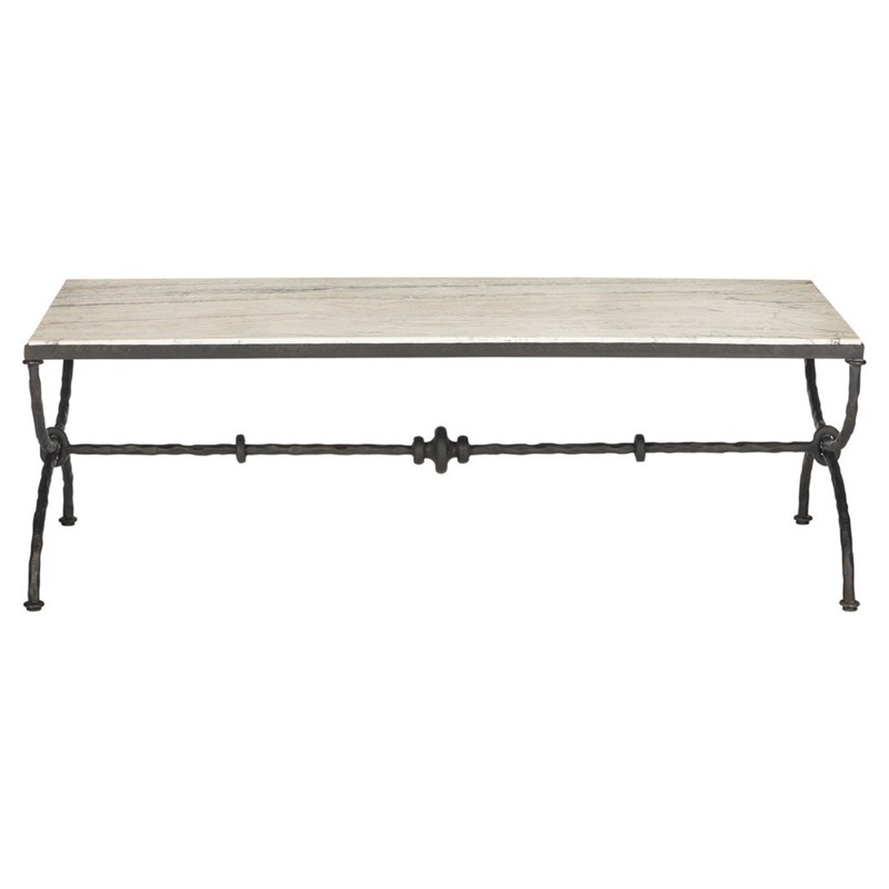 Arlene Updated Traditional White Travertine Bronze Iron Rectangular Coffee Table